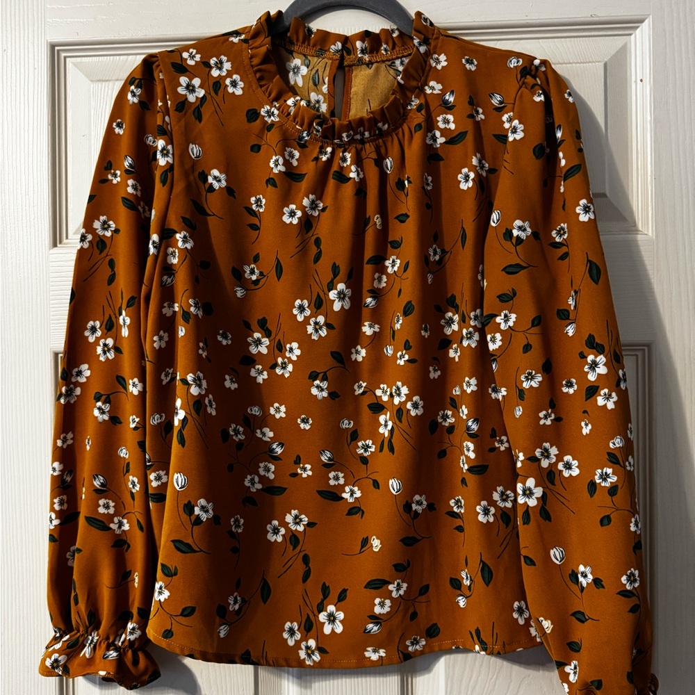 Women's Floral Ruffle Neck Blouse - Rust